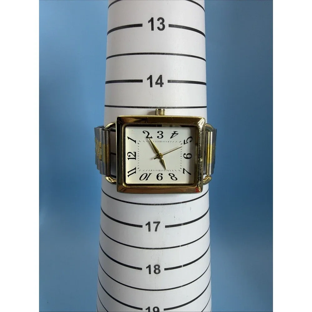 Gold Rectangular Watch Quartz JAPAN Movement Two Tone Band